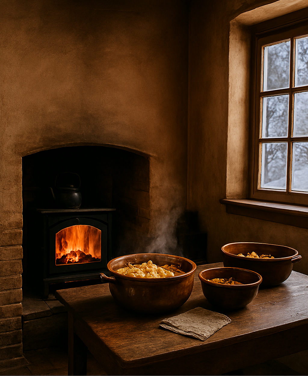 Interior de cocina tradicional en invierno con cazuelas de barro
