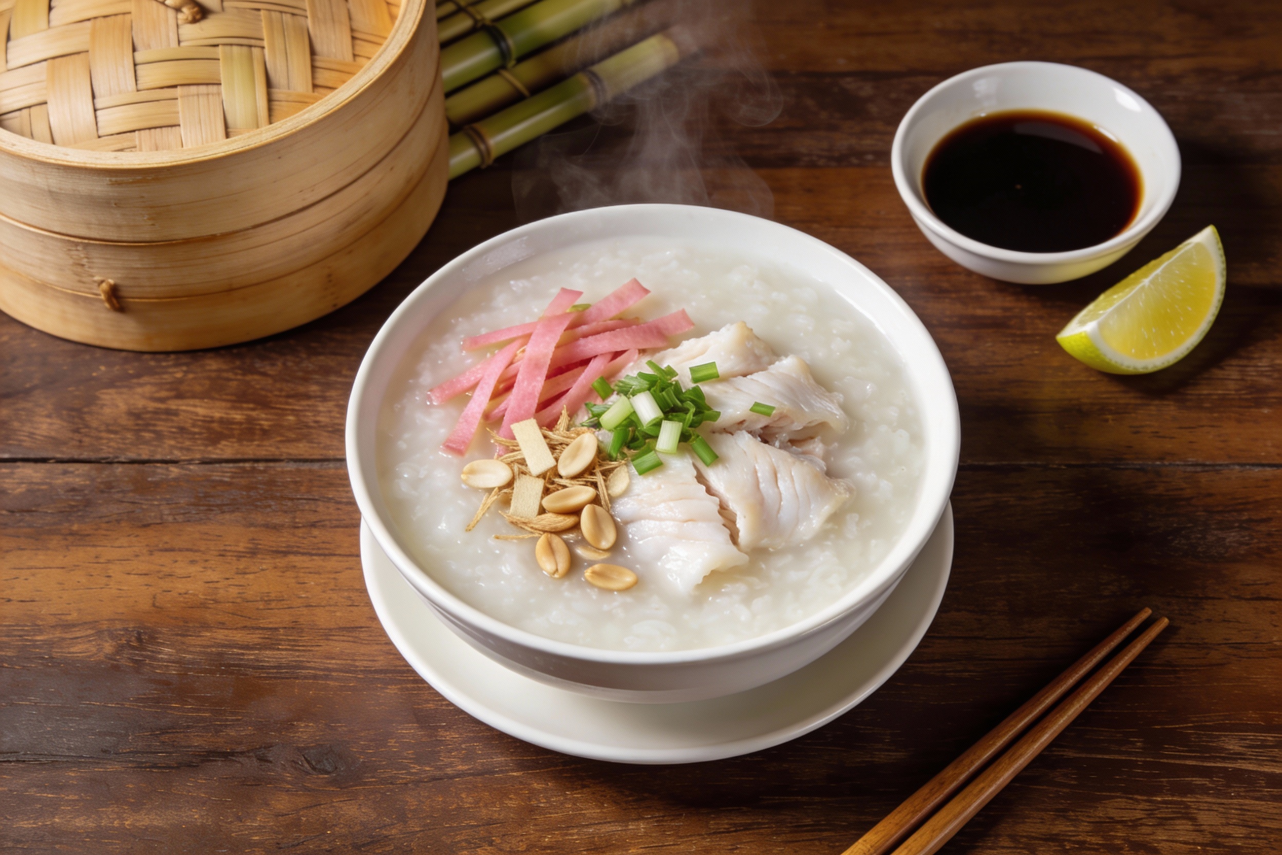 Jook de Hong Kong servido en cuenco de porcelana con filete de pescado, jengibre fresco y cebollino