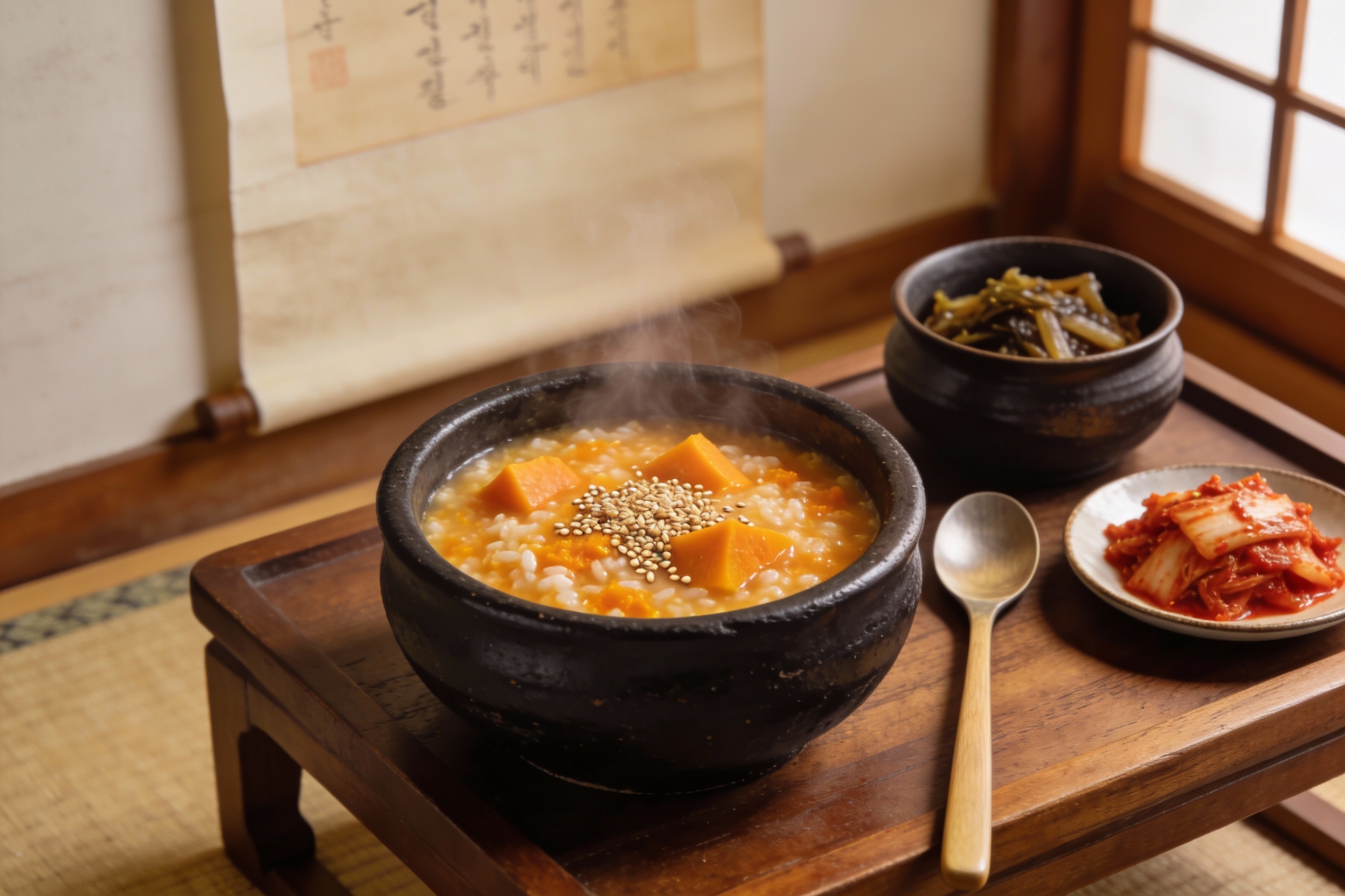 Juk coreano servido en cuendo de barro con calabaza, semillas de sésamo y acompañado de kimchi