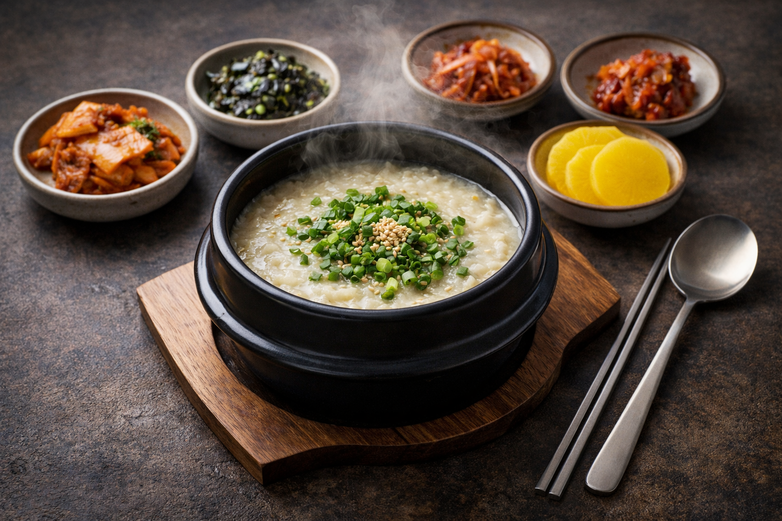 Juk coreano servido en ttukbaegi con todos los banchan alrededor: kimchi, danmuji y algas