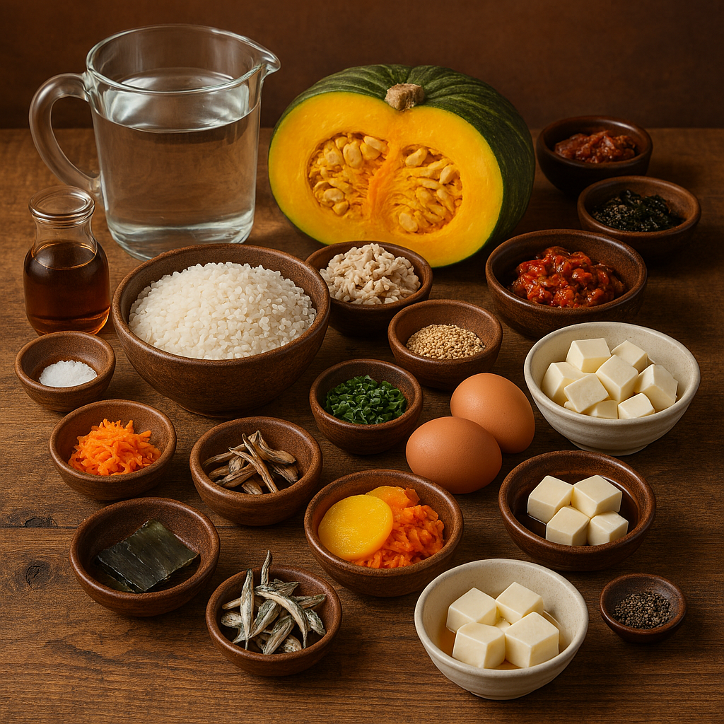 Ingredientes para juk coreano: arroz de grano corto, calabaza coreana, semillas de sésamo, dashima y anchoas