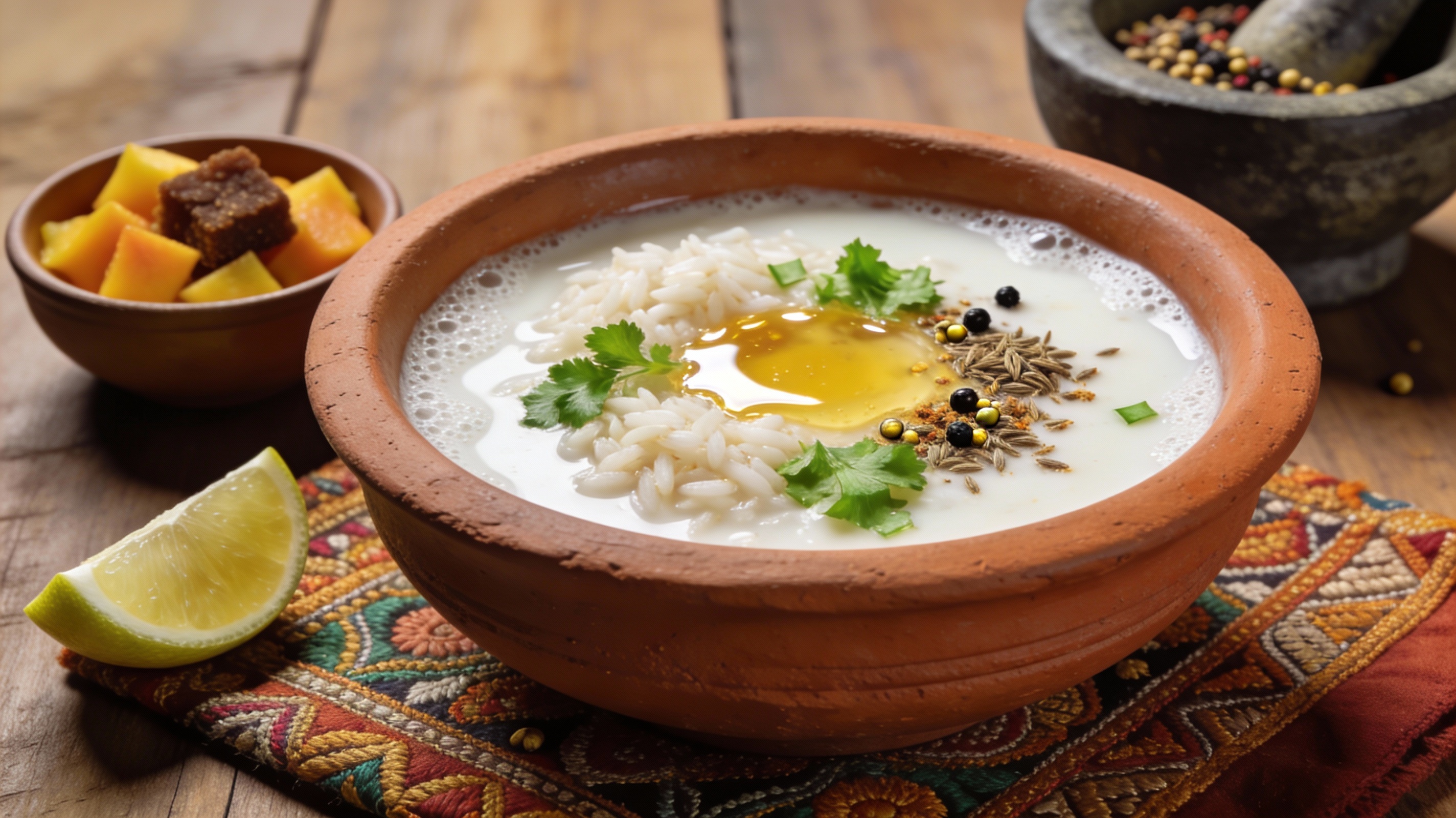 Kanji indio servido en cuenco de barro con ghee dorado, cilantro fresco y especias tostadas