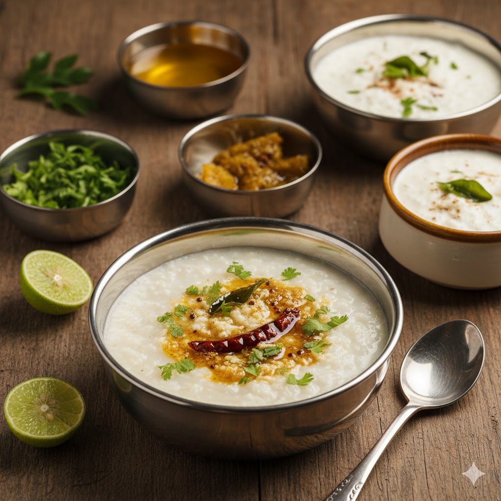 Kanji servido en cuenco de acero con tadka dorado flotando, cilantro fresco y limón al lado