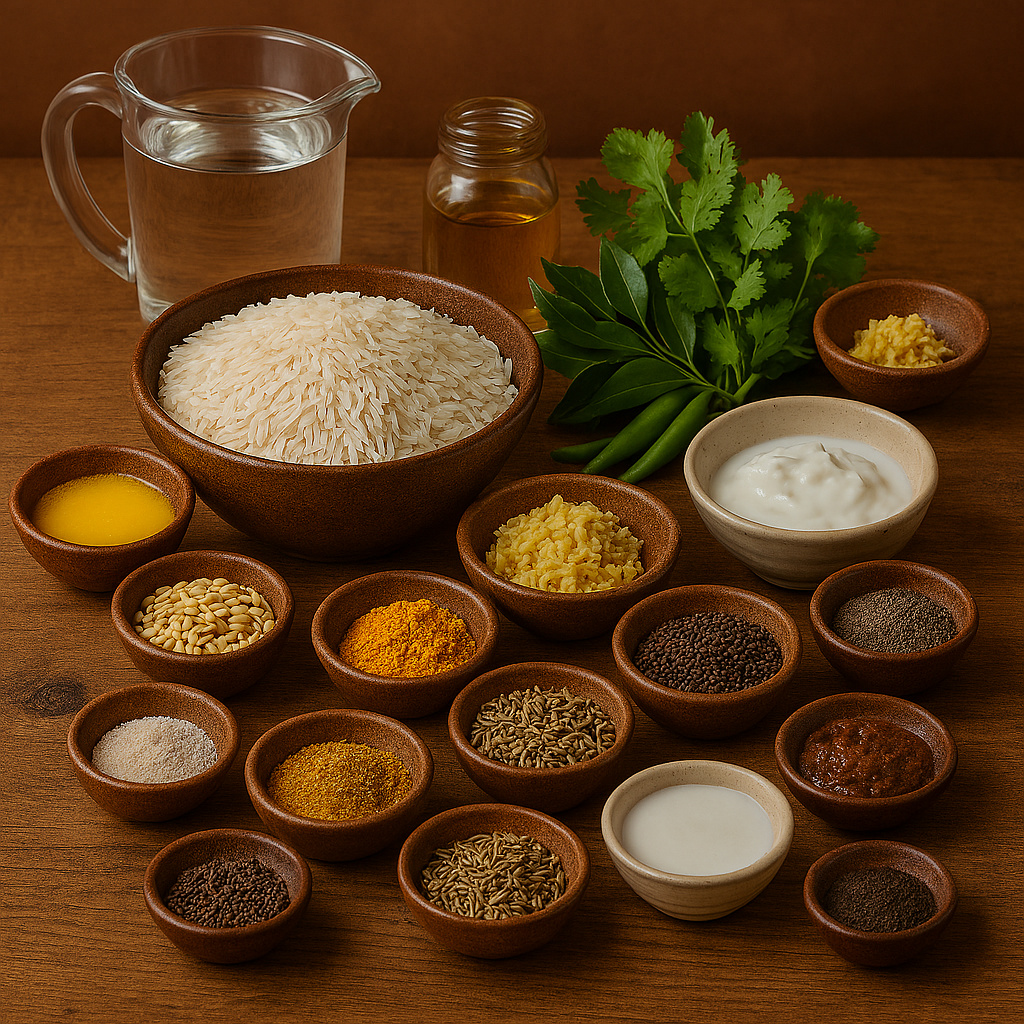Ingredientes para kanji indio: arroz basmati, especias enteras, ghee, jengibre fresco y hojas de curry