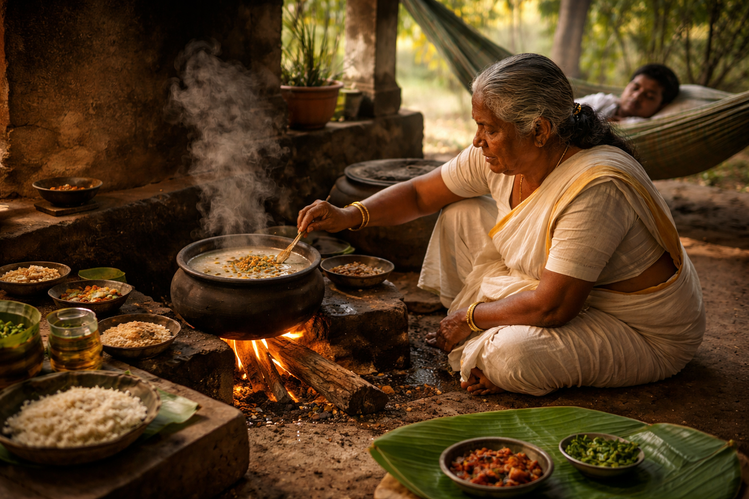 Cocina tradicional en Kerala con olla de kanji sobre fuego de leña y hojas de plátano