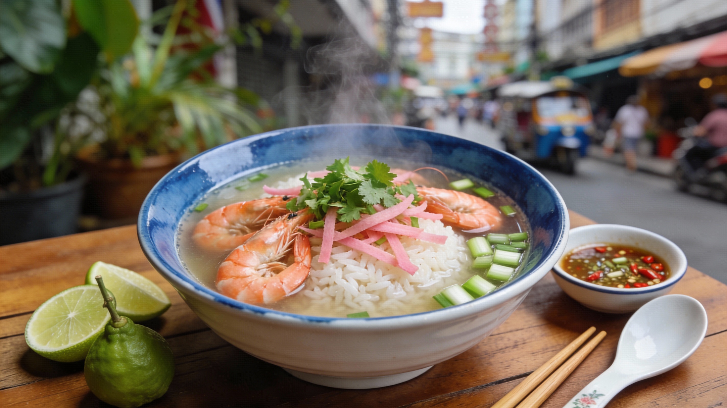 Khao tom tailandés servido en cuenco de cerámica con camarones, jengibre en juliana y cilantro fresco