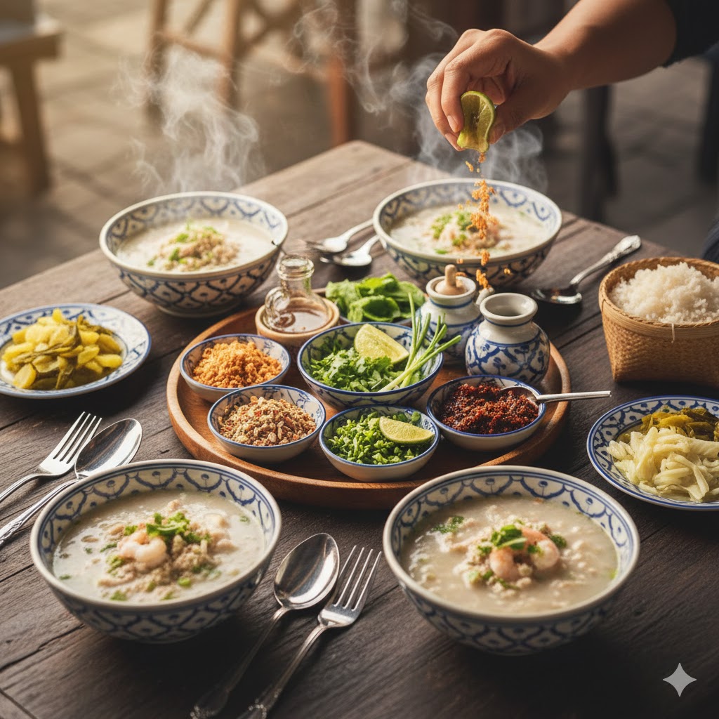 Khao tom presentado con todos los condimentos: ajo frito, cebolla frita, cilantro, chiles y lima