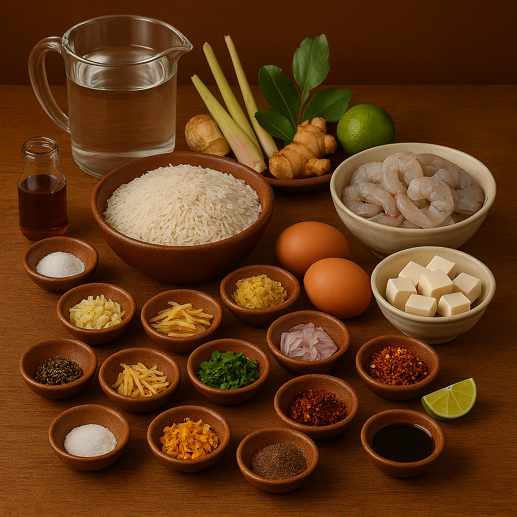 Ingredientes para khao tom: arroz jazmín, hierba limón, galanga, hojas de lima kaffir, jengibre y camarones