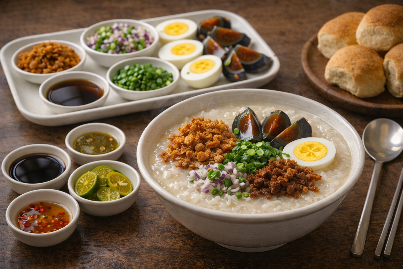 Lugaw presentado con todos los toppings: ajo frito, huevo de siglo, tocinillo, cebollino y calamansi