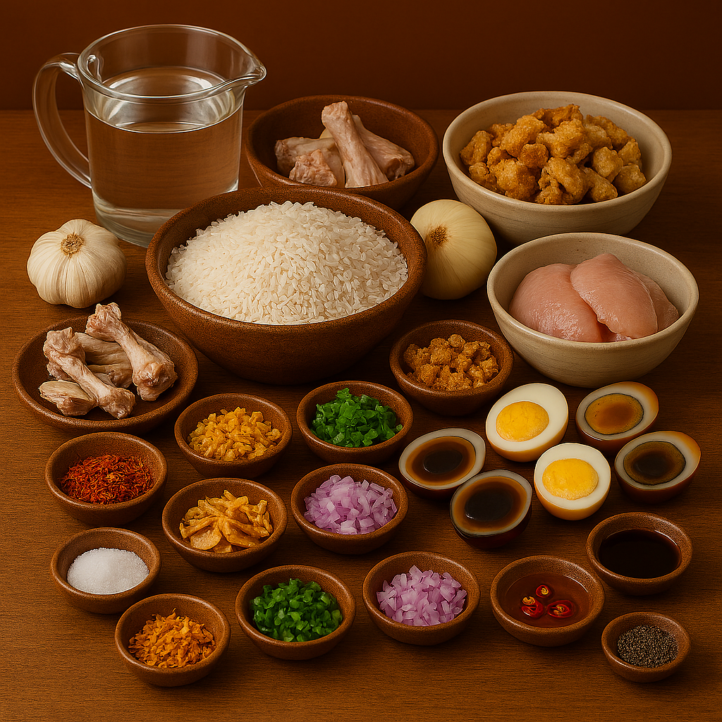 Ingredientes para lugaw: arroz glutinoso, pollo, huevo de siglo, ajo, jengibre y kasubha