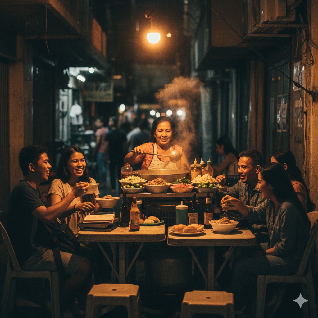 Puesto de lugaw (lugawan) en Manila por la noche con clientes en mesas de plástico