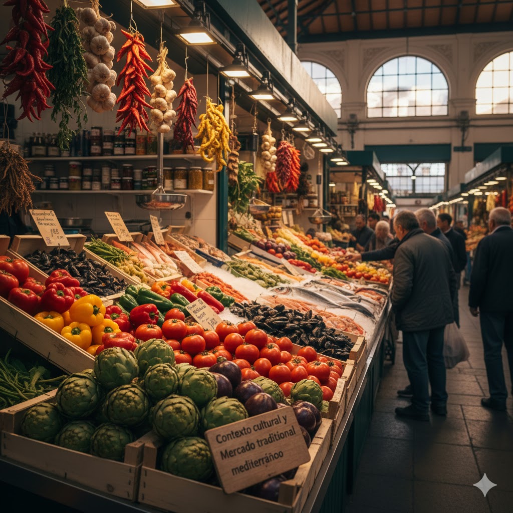 Mercado tradicional mediterráneo con productos frescos