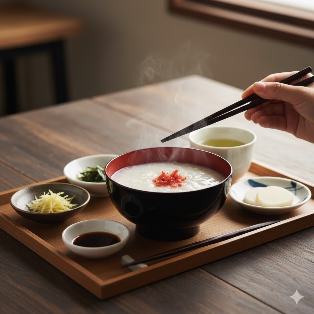 Okayu presentado en cuenco lacado con toppings separados: umeboshi, nori, jengibre y cebollino