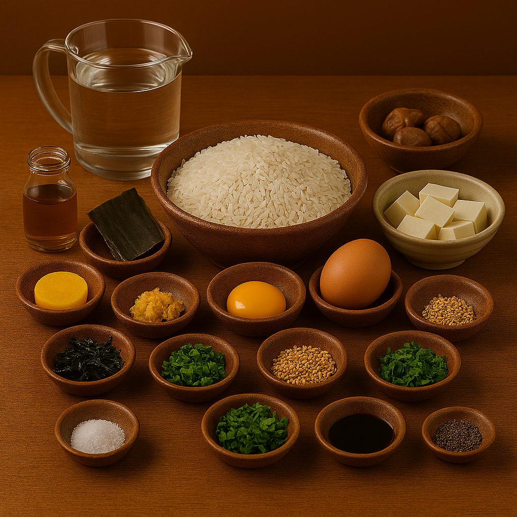 Ingredientes para okayu japonés: arroz de grano corto, umeboshi, kombu, jengibre fresco y nori