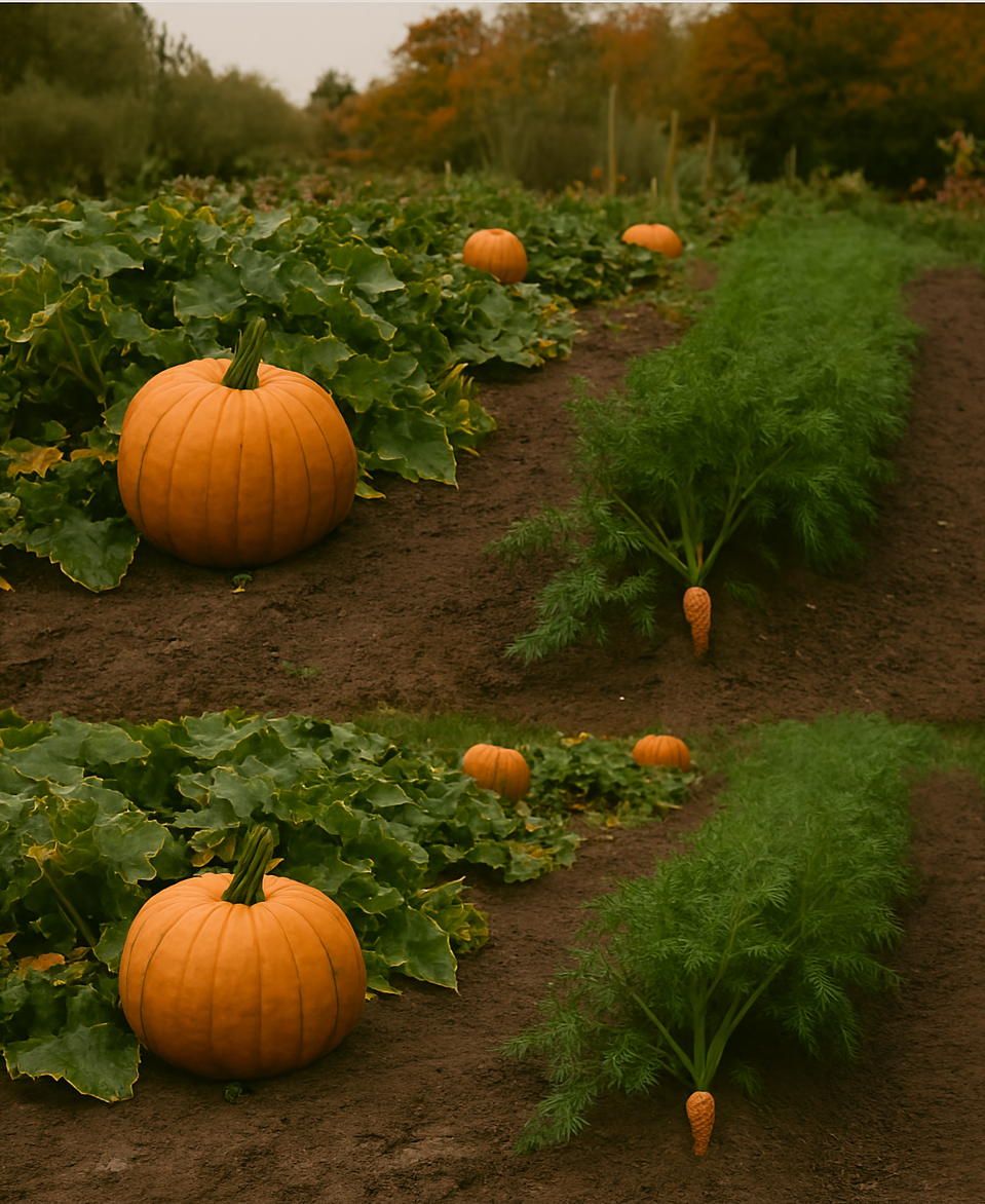 Huerta otoñal con calabazas y zanahorias creciendo