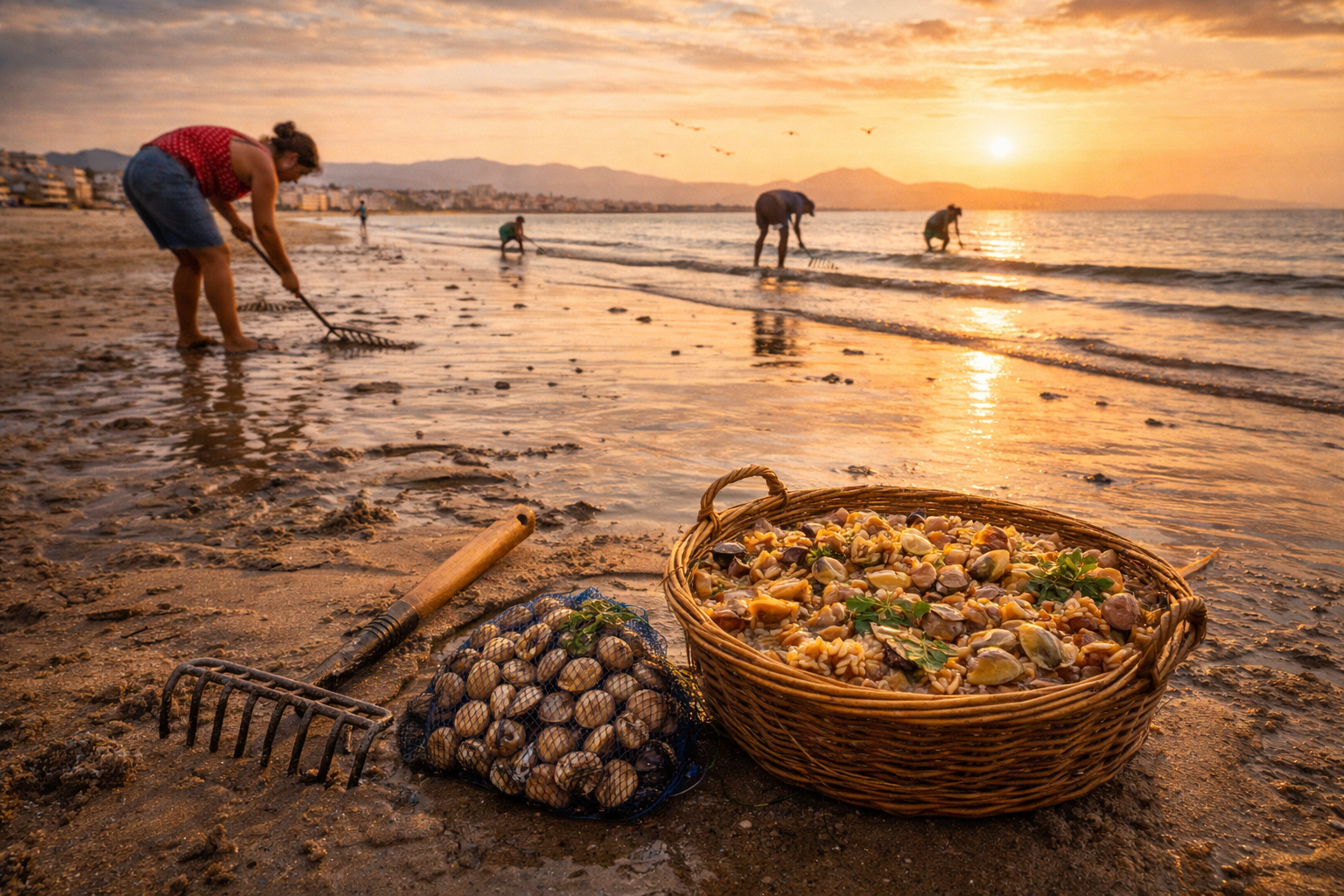 Playa al atardecer donde tradicionalmente se recolectan almejas