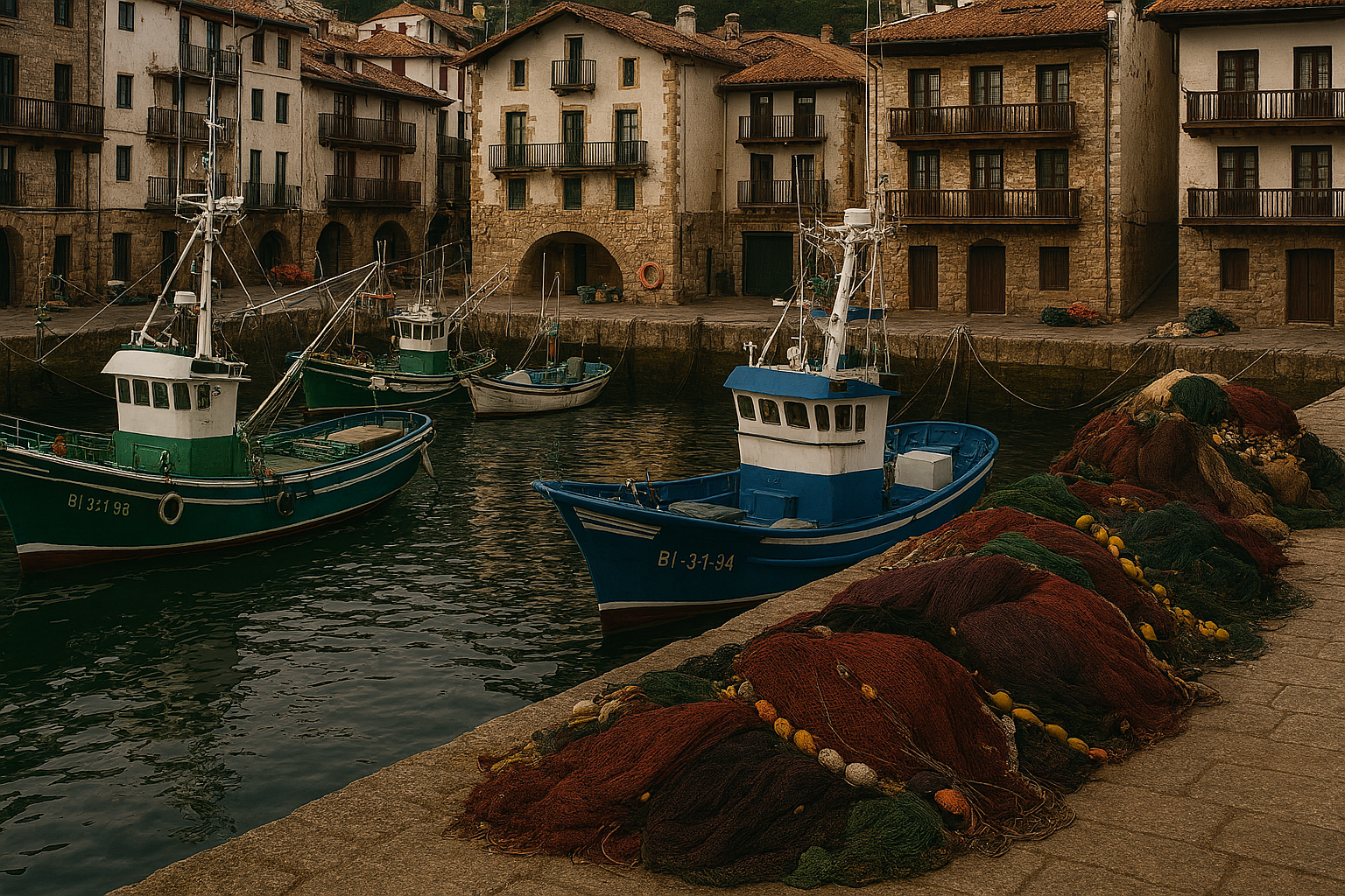 Puerto pesquero vasco con barcas y redes