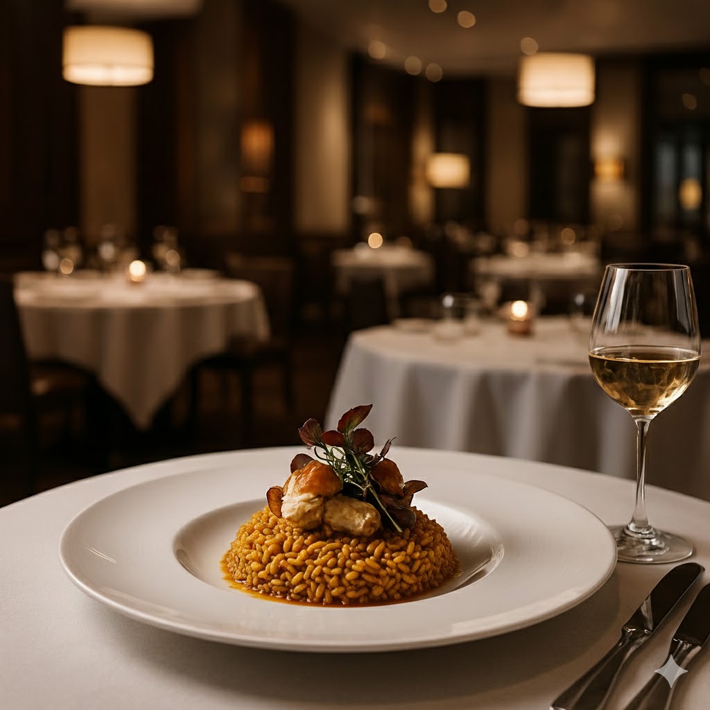 Interior de restaurante de alta cocina con presentación gourmet