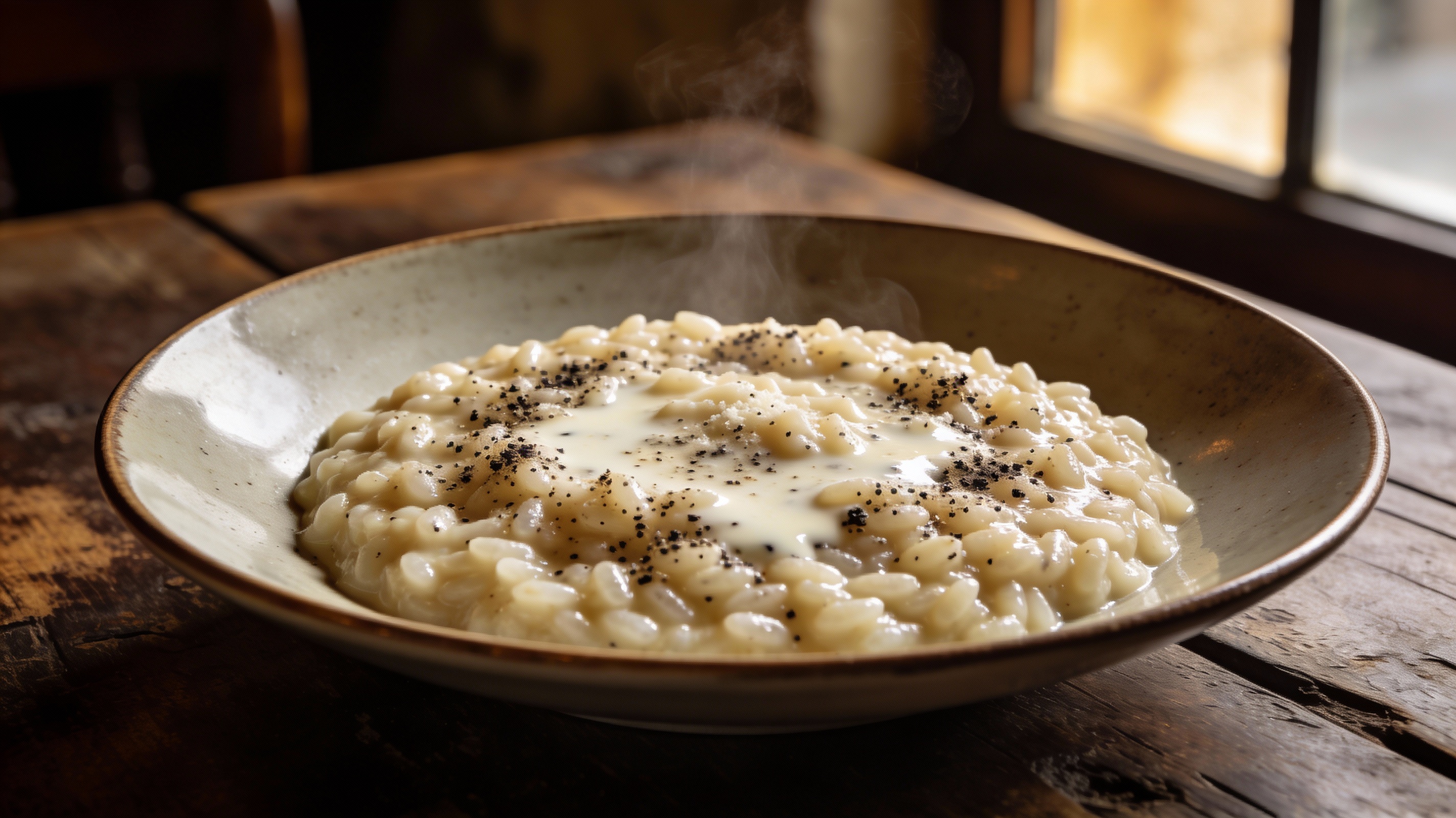 Risotto Cacio e Pepe cremoso con abundante pimienta negra y queso pecorino