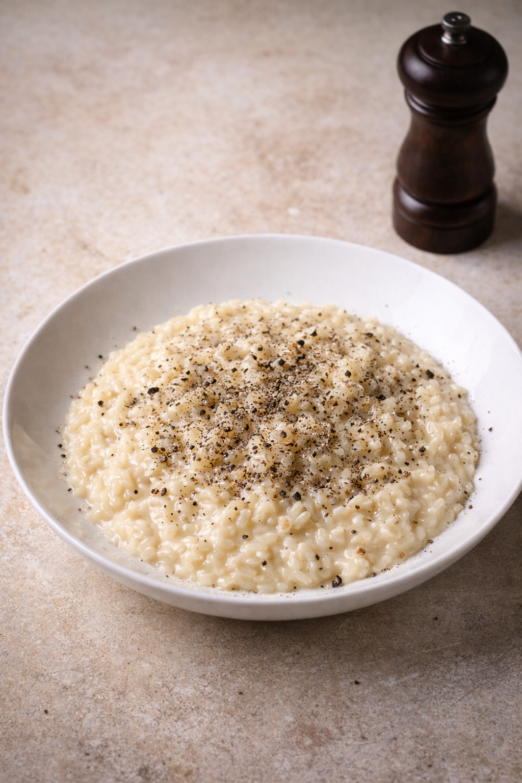 Risotto Cacio e Pepe servido en plato con abundante pimienta negra molida al momento