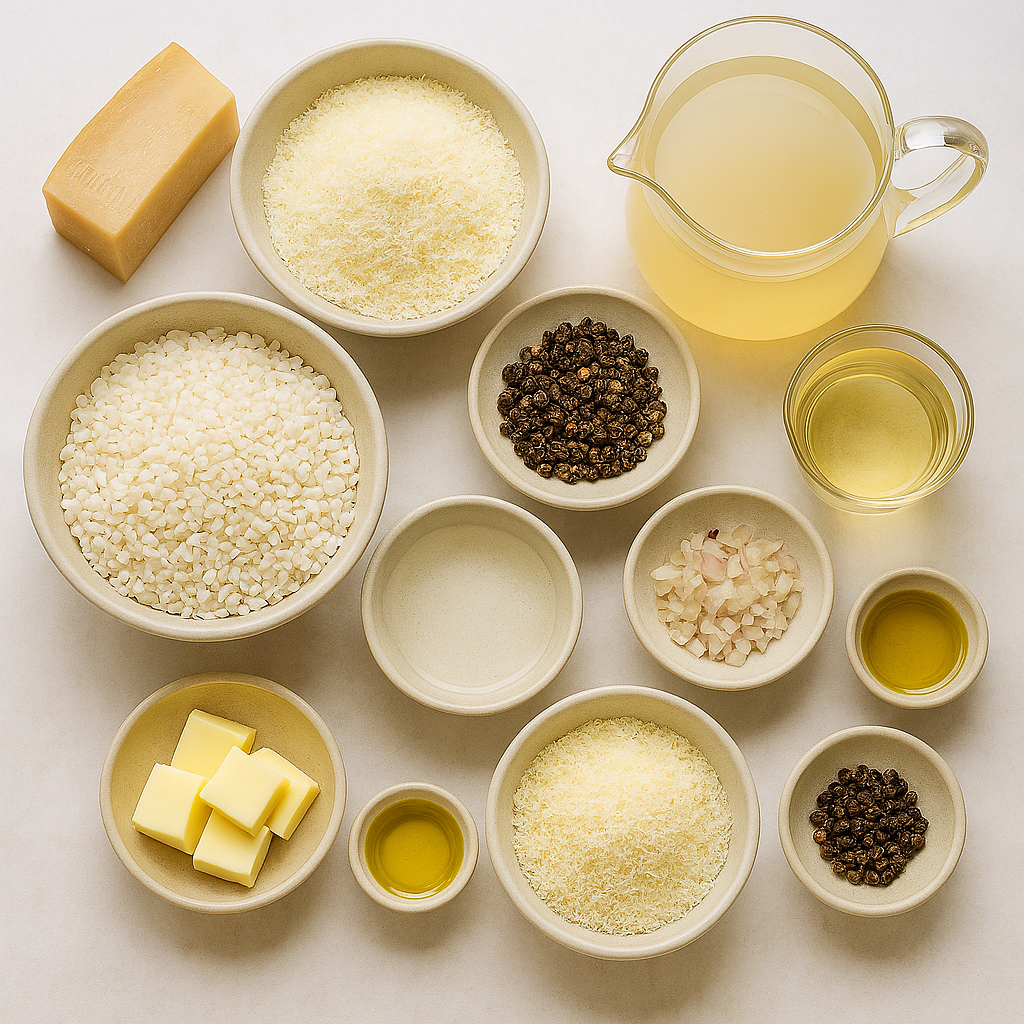 Ingredientes para risotto cacio e pepe: arroz carnaroli, queso pecorino romano, pimienta negra en grano