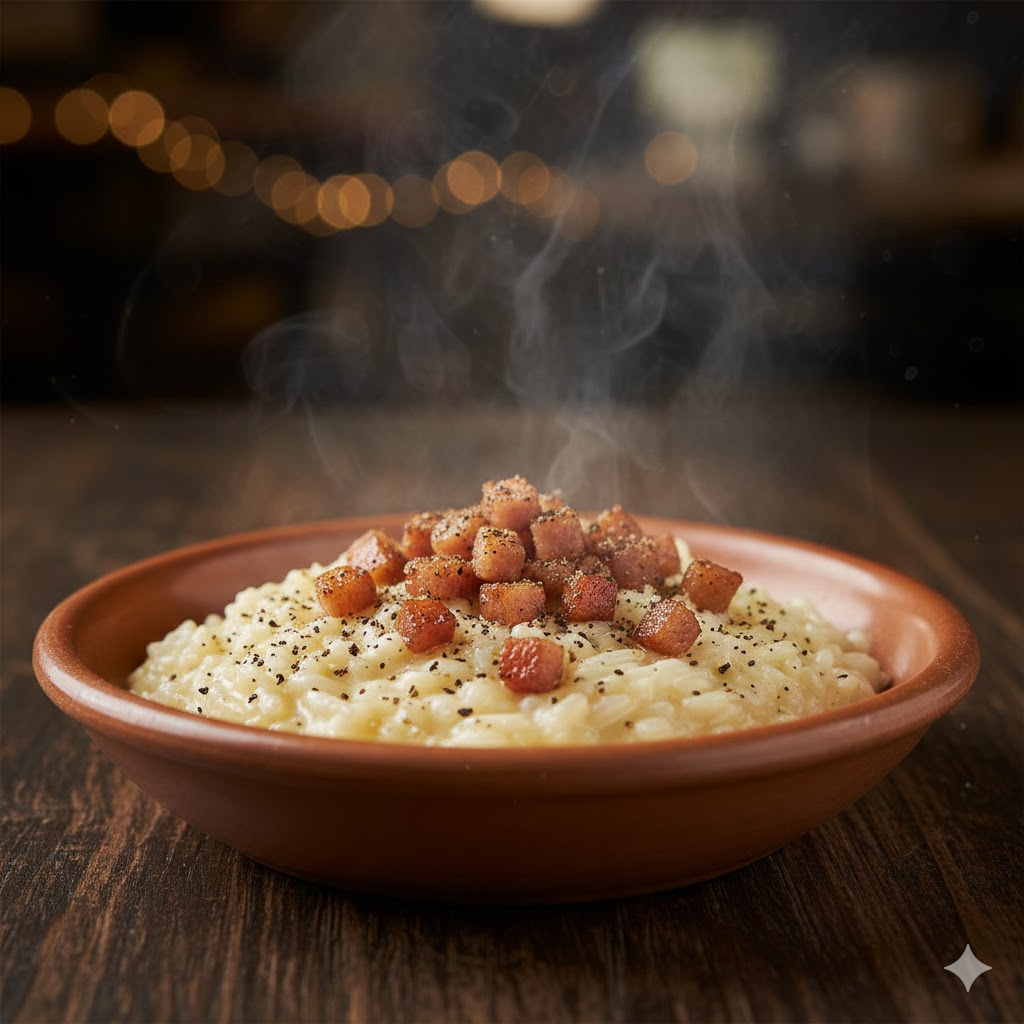 Risotto alla Carbonara servido en plato con guanciale crocante y pimienta negra