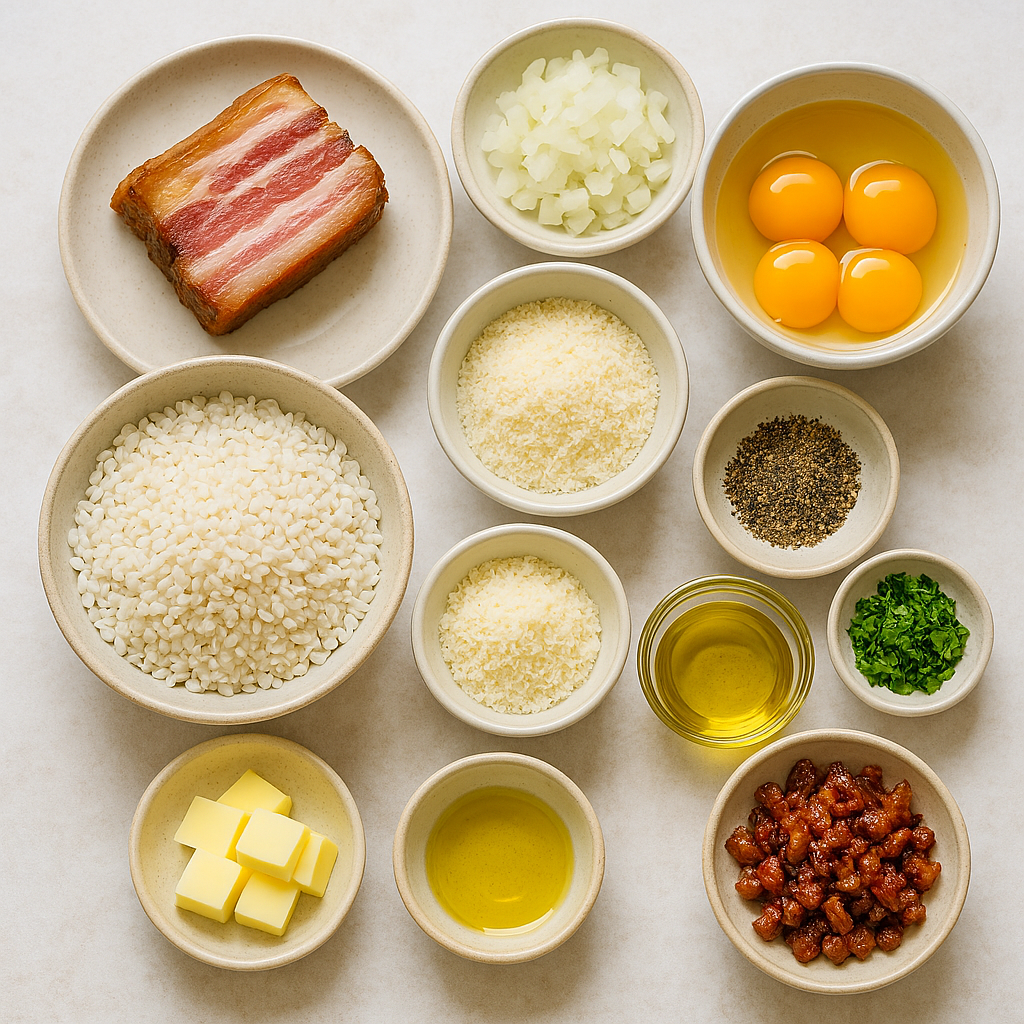 Ingredientes para risotto alla carbonara: arroz carnaroli, guanciale, huevos, pecorino, parmesano
