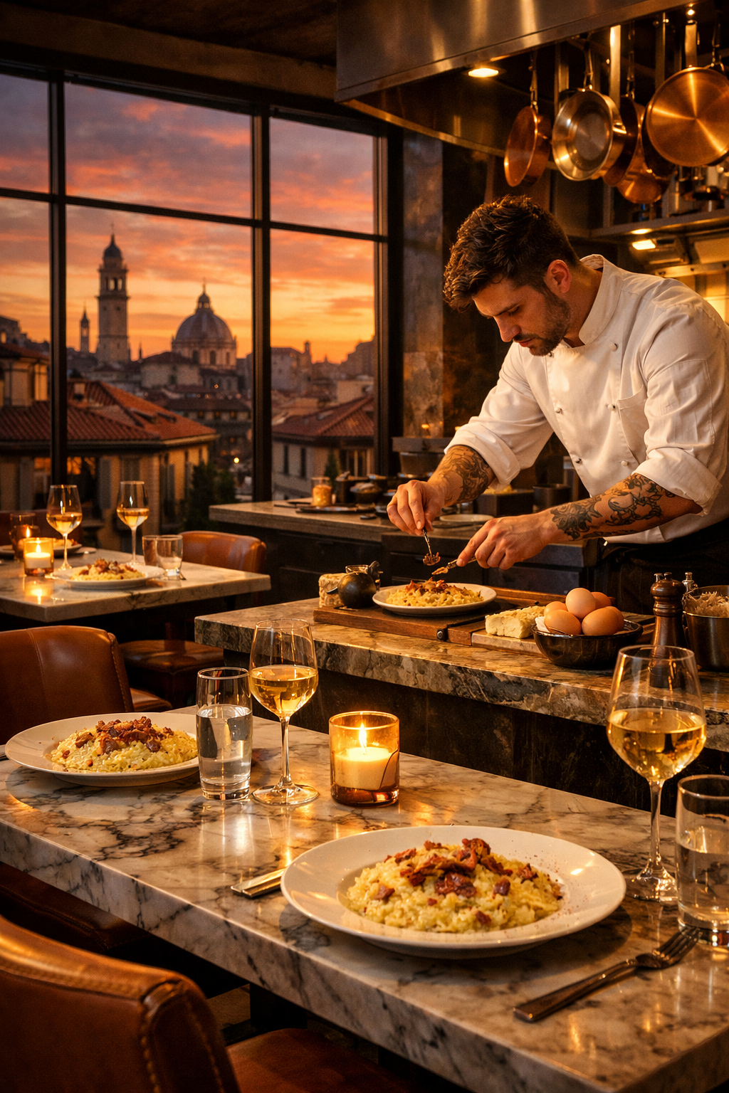 Restaurante moderno italiano con fusión de cocina norteña y romana, risotto carbonara en las mesas