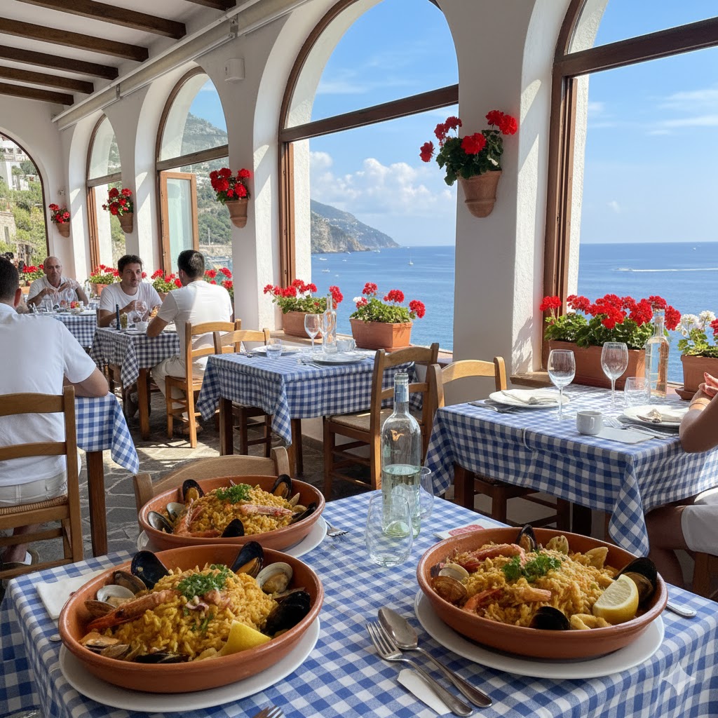 Trattoria italiana junto al mar con vista al Mediterráneo y risottos frutti di mare en las mesas