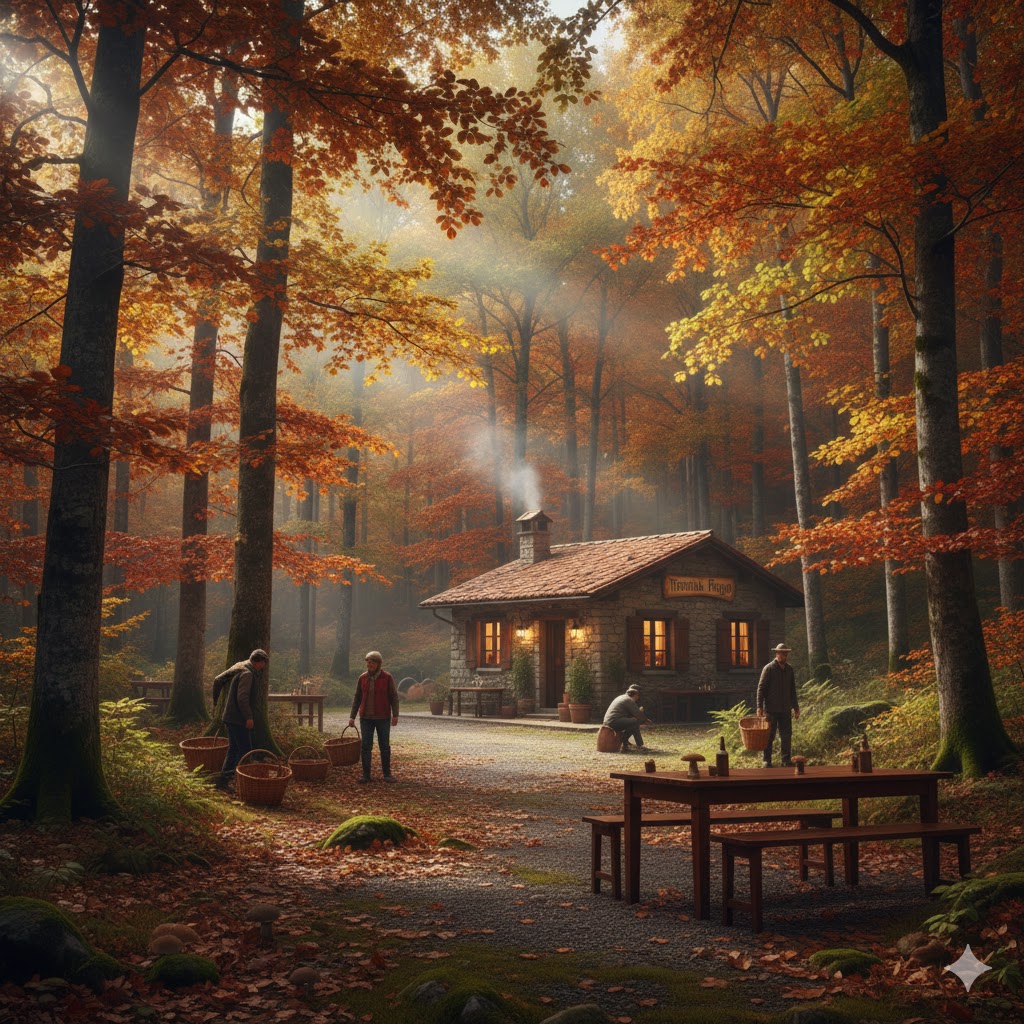 Bosque otoñal en el Piamonte italiano con recolectores de setas y trattoria rústica