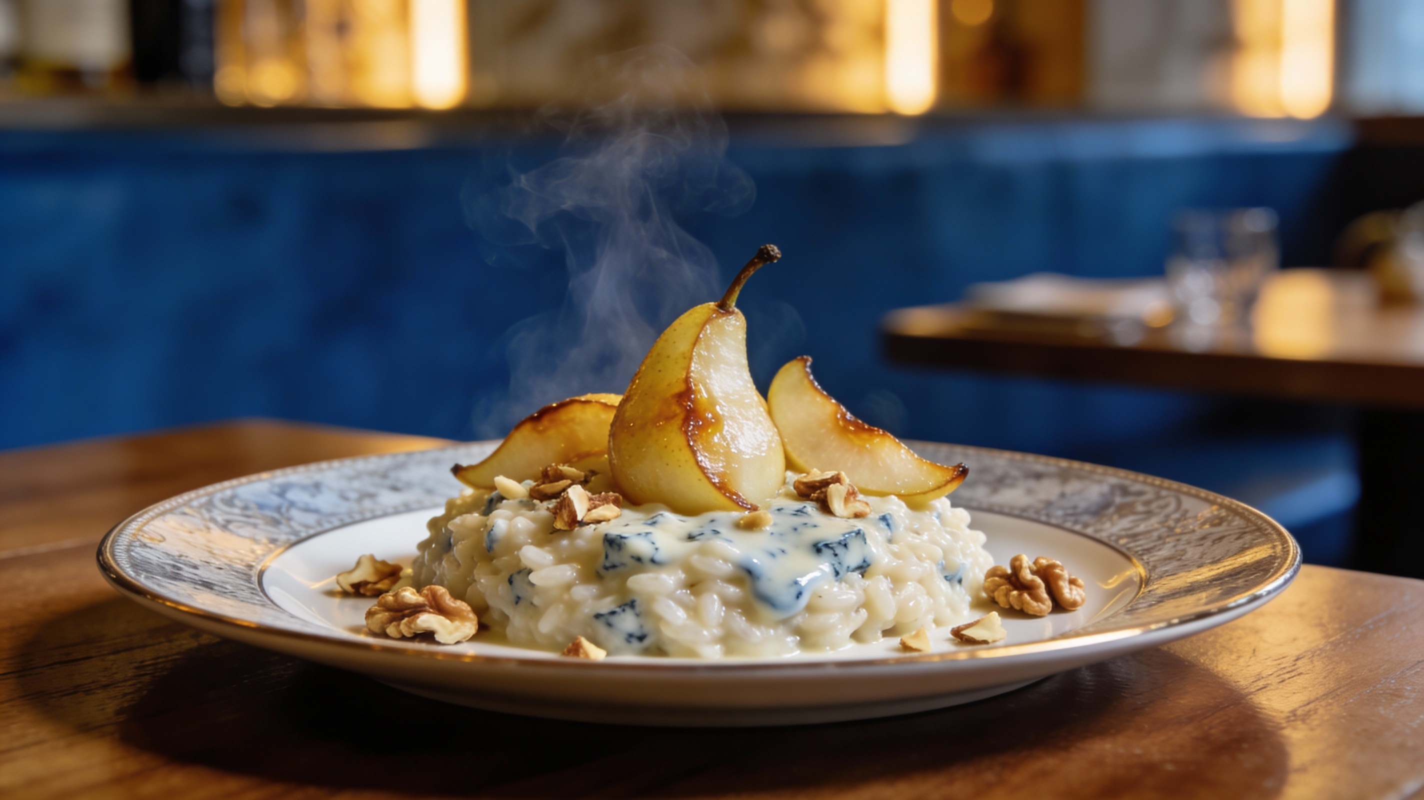 Risotto Gorgonzola e Pera cremoso con pera caramelizada y nueces tostadas