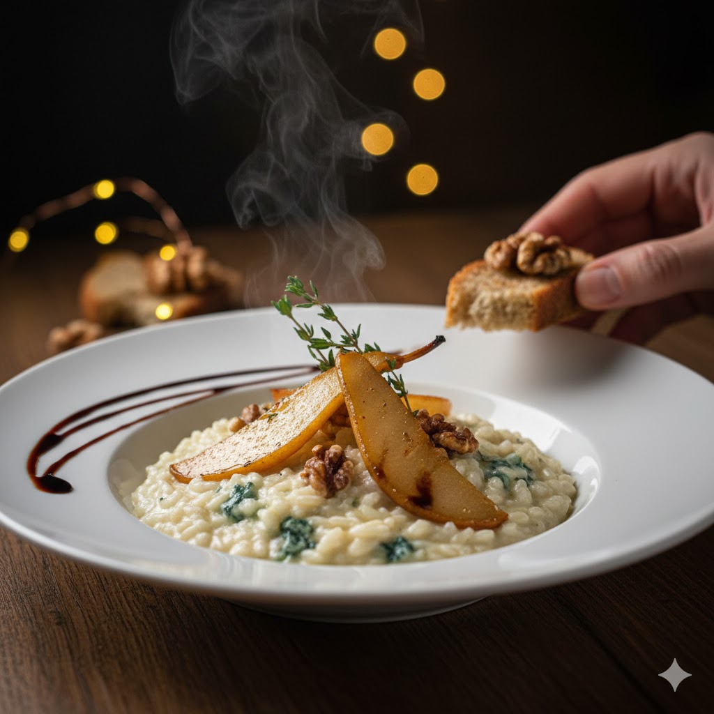 Risotto Gorgonzola e Pera servido con peras caramelizadas, nueces tostadas y reducción de balsámico
