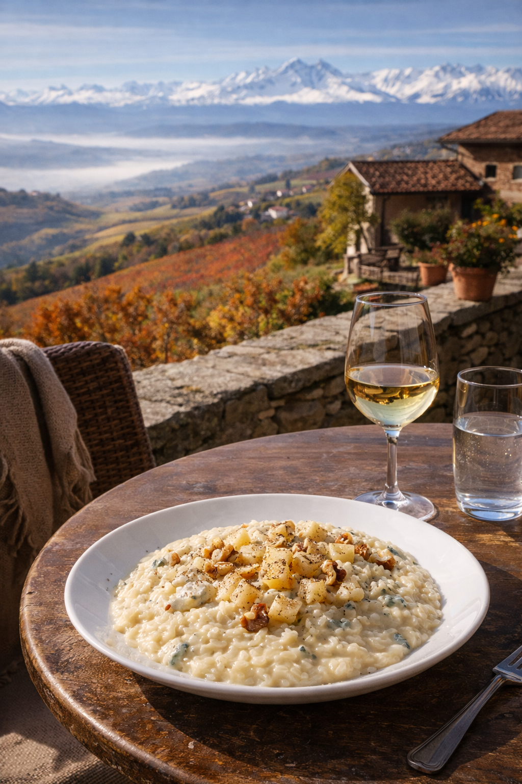 Agriturismo en las colinas del Piamonte con risotto gorgonzola e pera servido en terraza con vista a los Alpes
