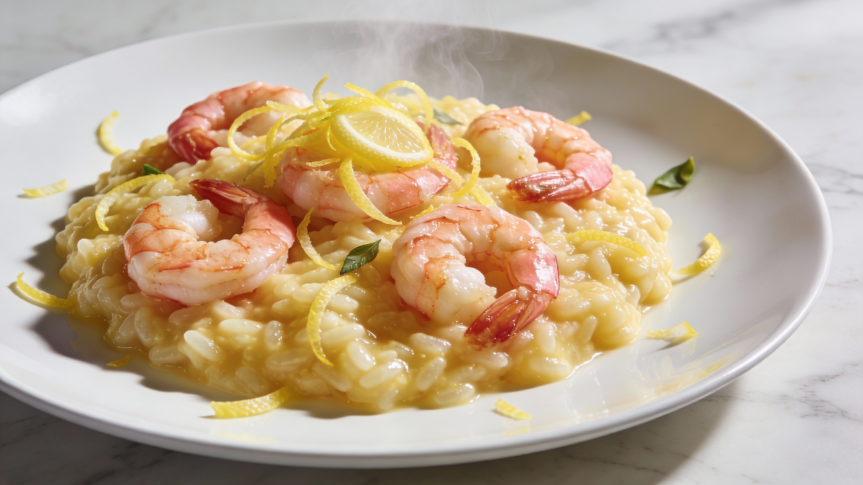 Risotto Limone e Gamberi cremoso con gambas salteadas y ralladura de limón fresco