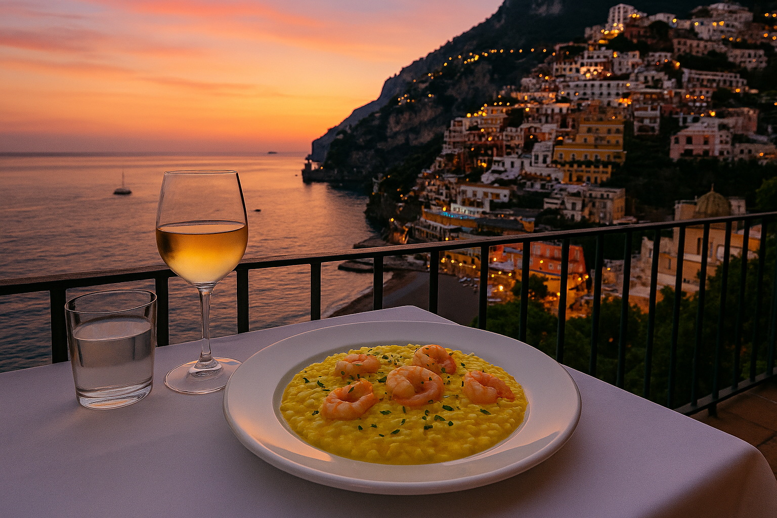 Terraza con vista al mar en Positano con risotto limone e gamberi servido al atardecer