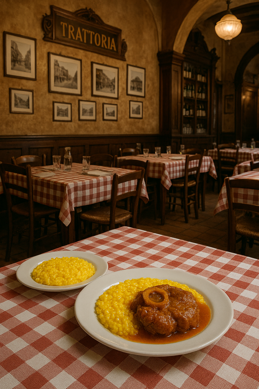 Trattoria histórica en Milán con risotto milanese y ossobuco en mesas con manteles a cuadros