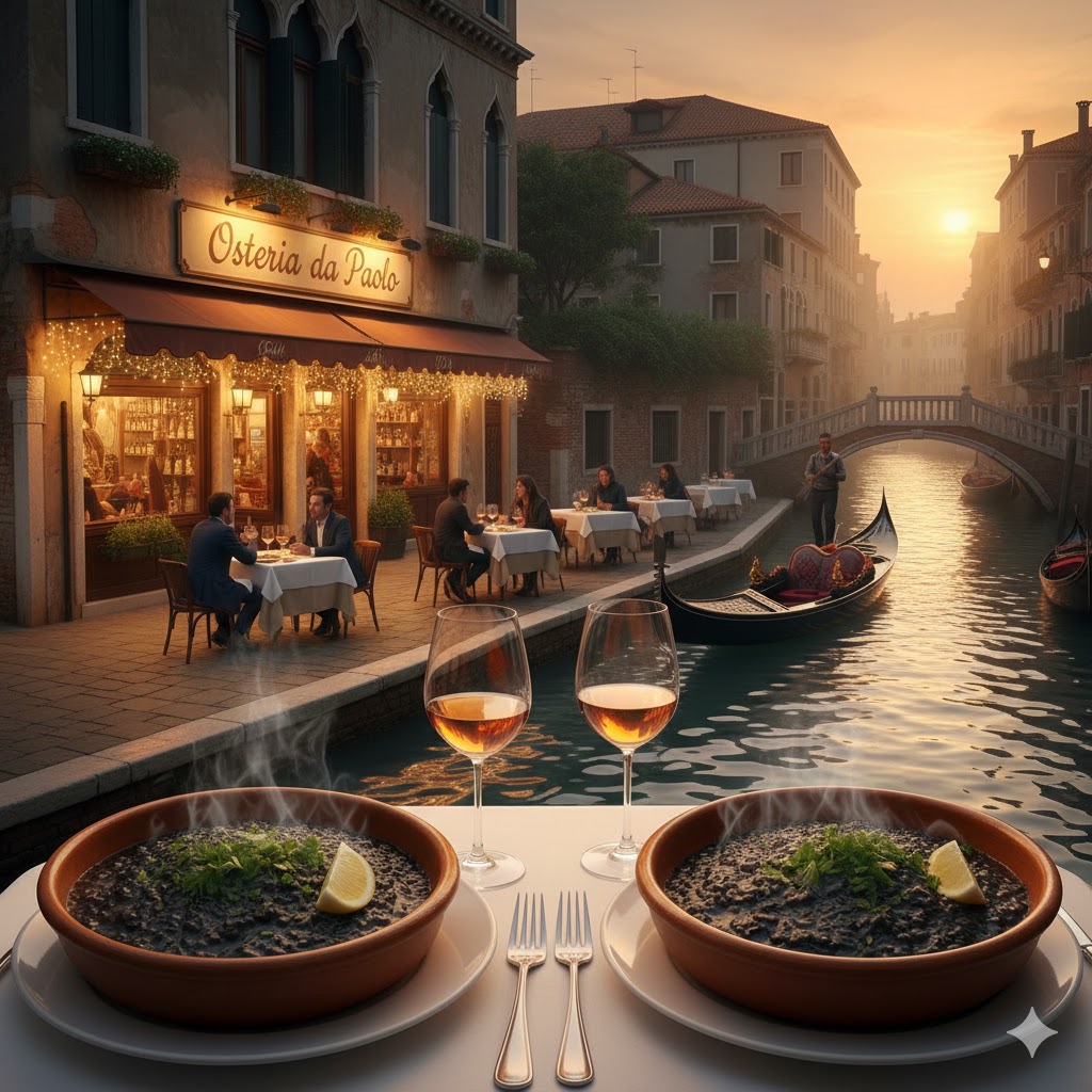 Canal veneciano al atardecer con trattoria iluminada y risotto nero di sepia en las mesas