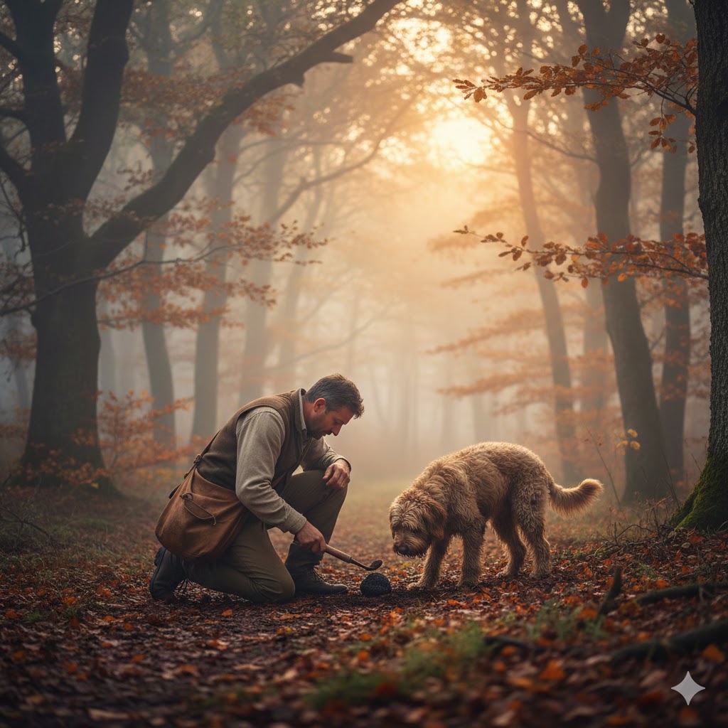 Bosque otoñal en el Piamonte al amanecer con buscador de trufas y su perro