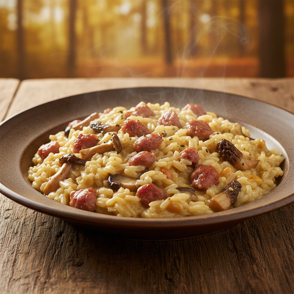 Risotto Salsiccia e Funghi cremoso con salchicha italiana desmigada y setas silvestres salteadas