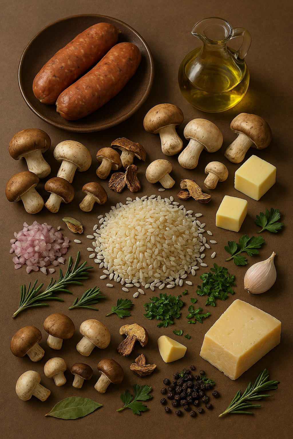 Ingredientes para risotto salsiccia e funghi: salchicha italiana fresca, setas mixtas, arroz carnaroli, vino, hierbas