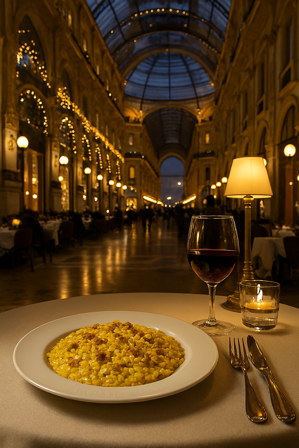 Galleria Vittorio Emanuele II en Milán al atardecer con mesa elegante y risotto dorado