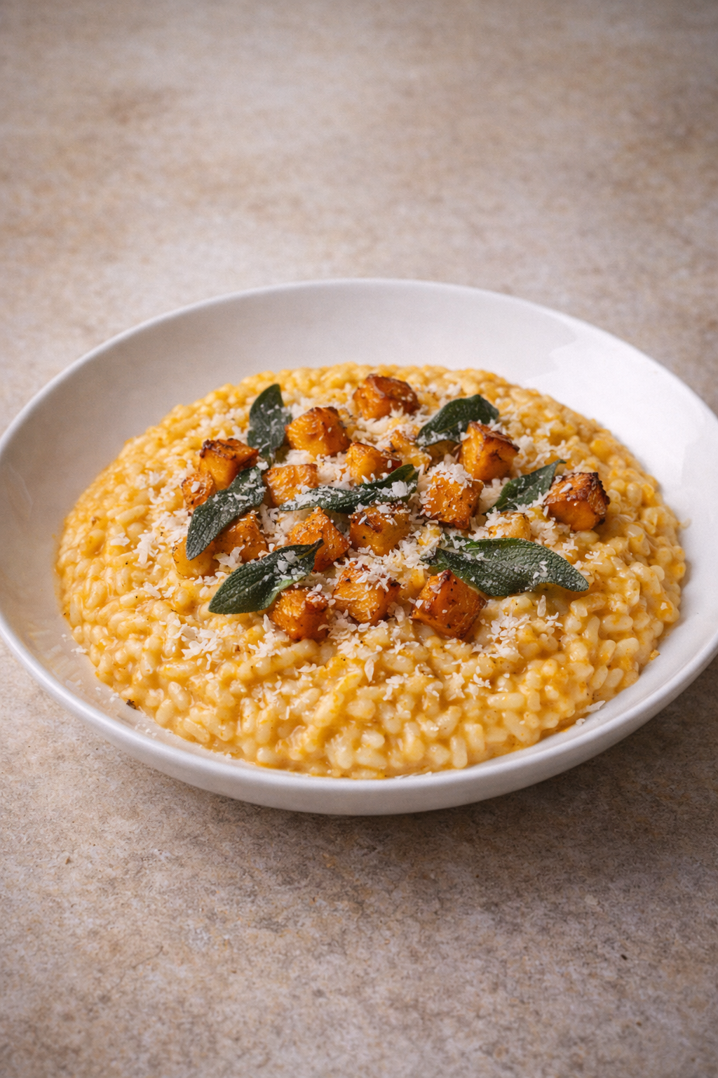 Risotto alla Zucca servido en plato blanco con cubos de calabaza asada y hojas de salvia