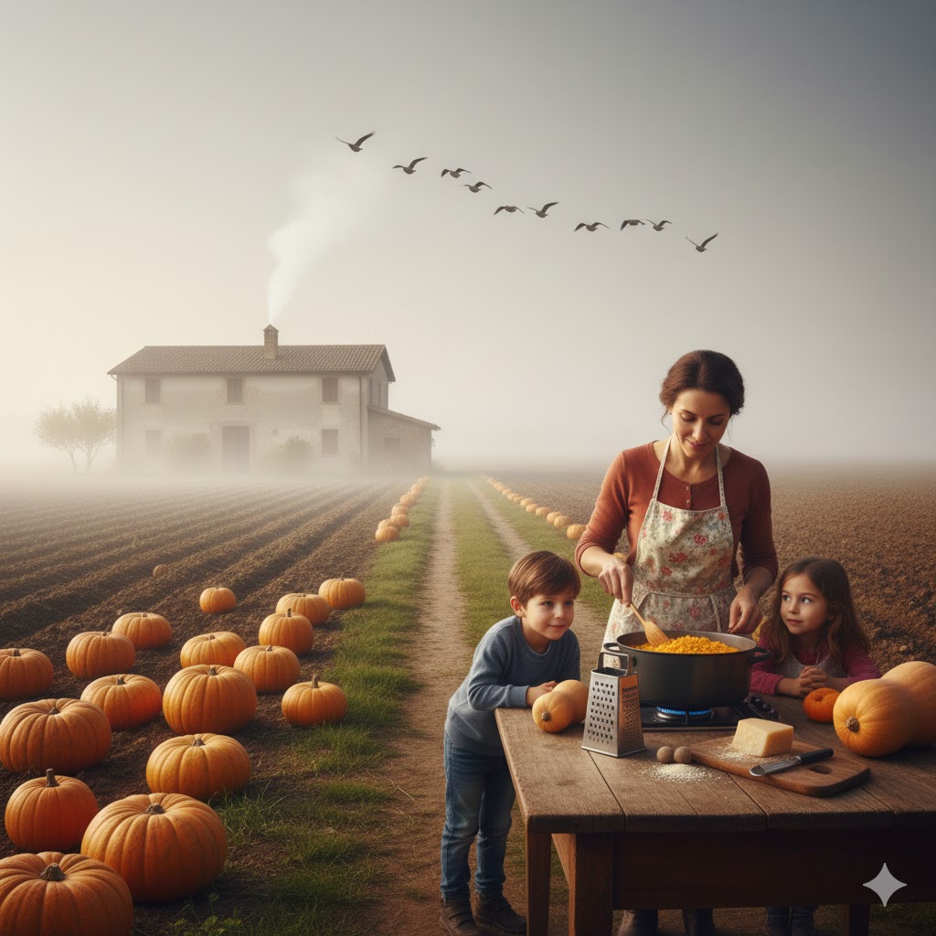 Paisaje otoñal en la Lombardía con campos de calabazas y casa de campo
