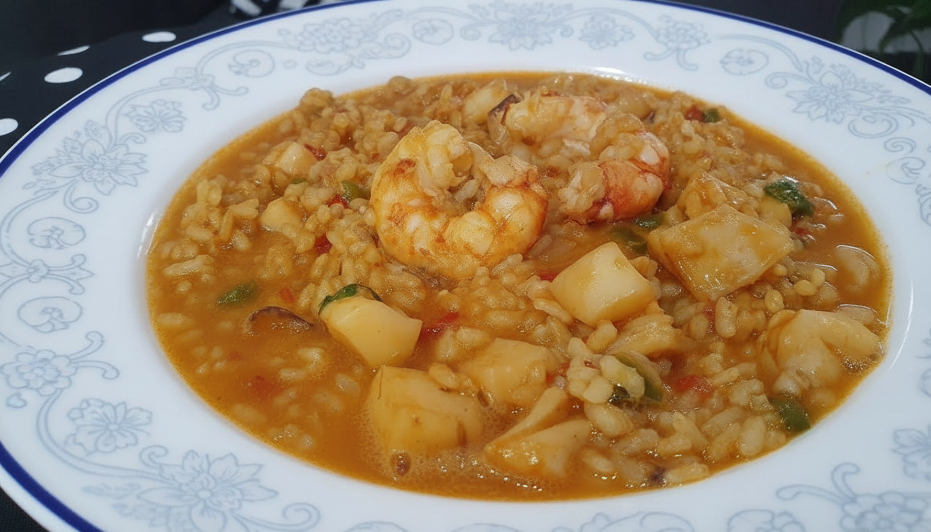 Arroz meloso de sepia y gambas presentado en cazuela de barro, con gambas enteras y trozos de sepia