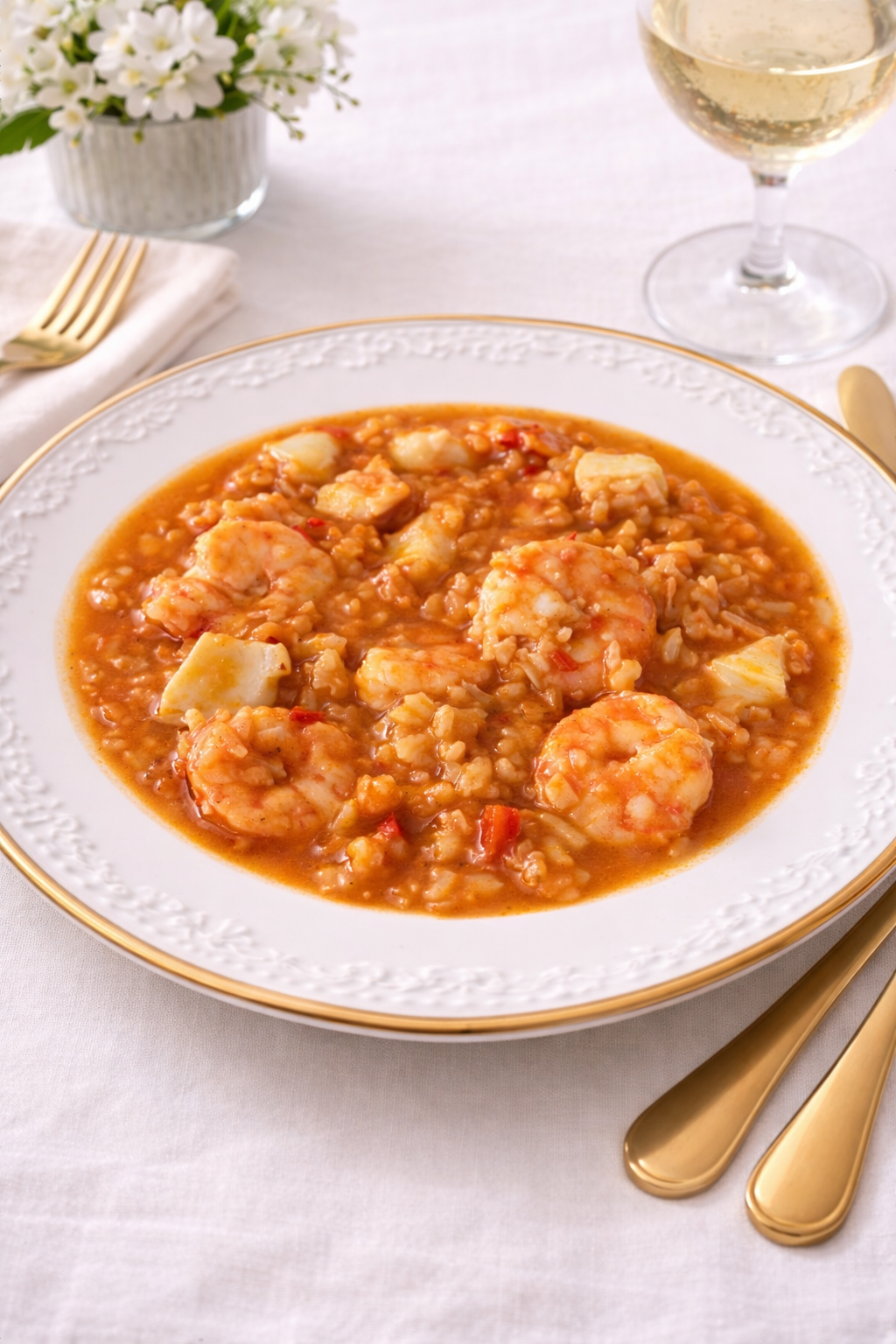 Arroz meloso de sepia y gambas con las gambas rosadas y la sepia tierna