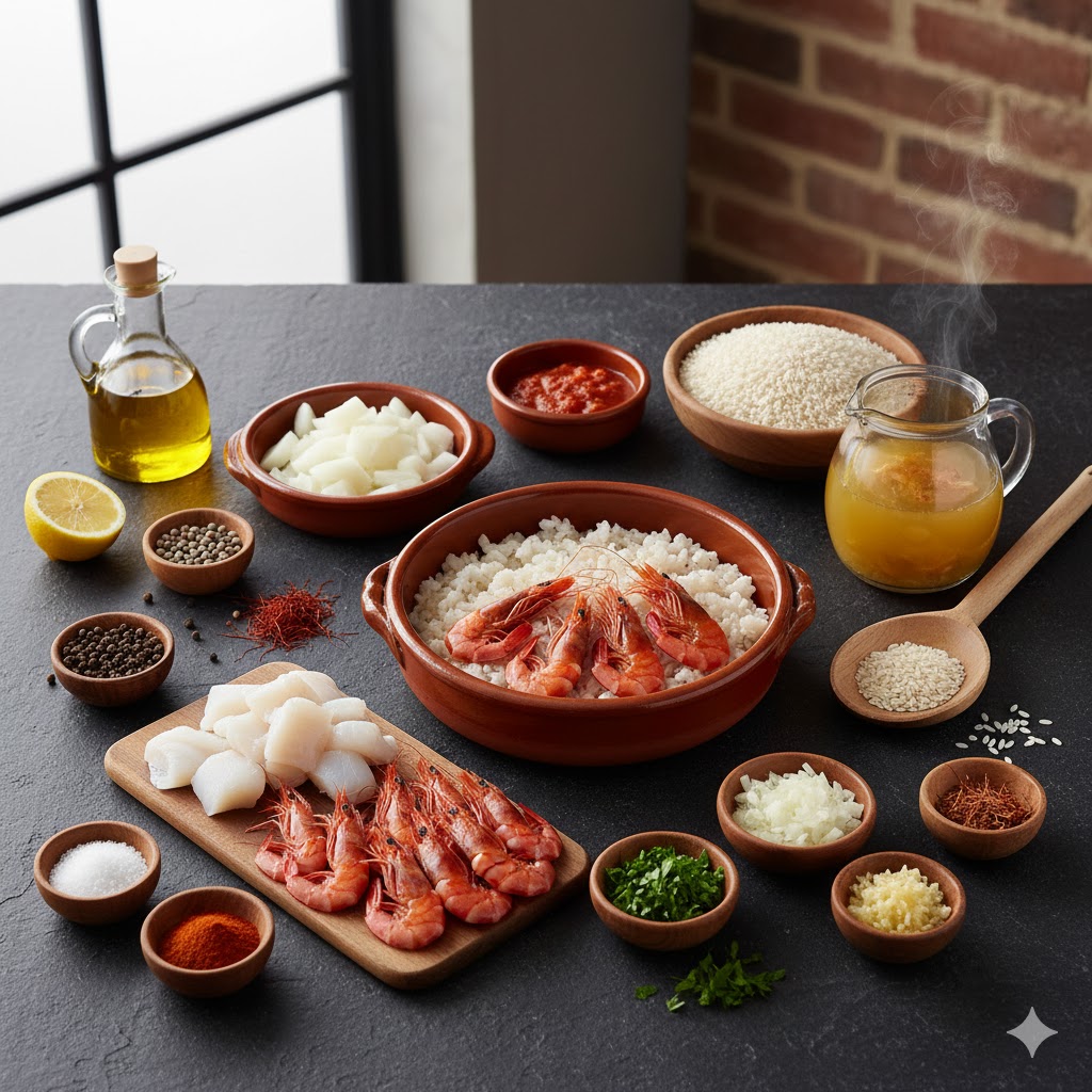 Ingredientes: sepia troceada, gambas enteras y peladas, arroz bomba, pimentón y azafrán
