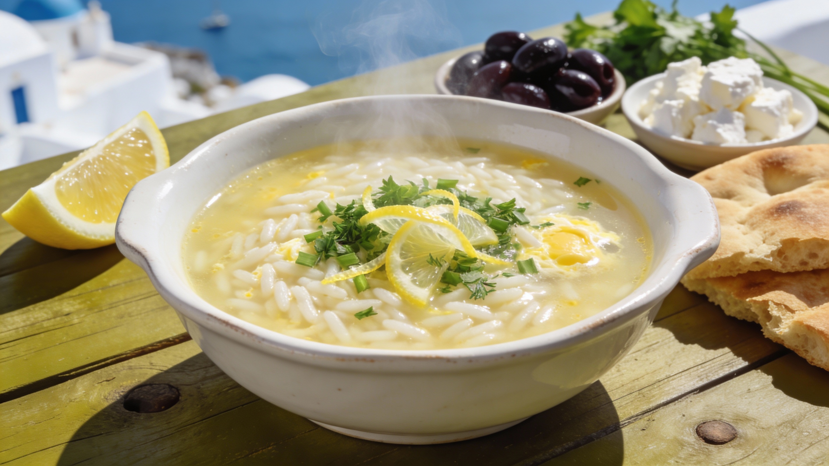 Sopa de arroz con limón griega servida en cuenco con huevo batido y eneldo fresco