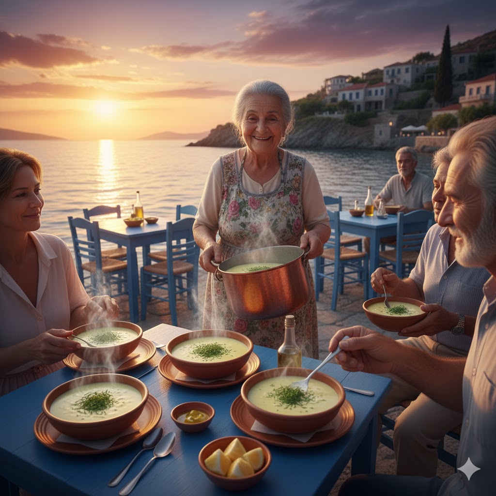 Taberna griega en una isla con vista al mar y cuencos de sopa de avgolemono en las mesas