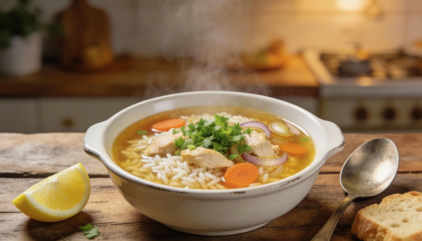 Sopa de arroz con pollo casera servida en cuenco con perejil fresco