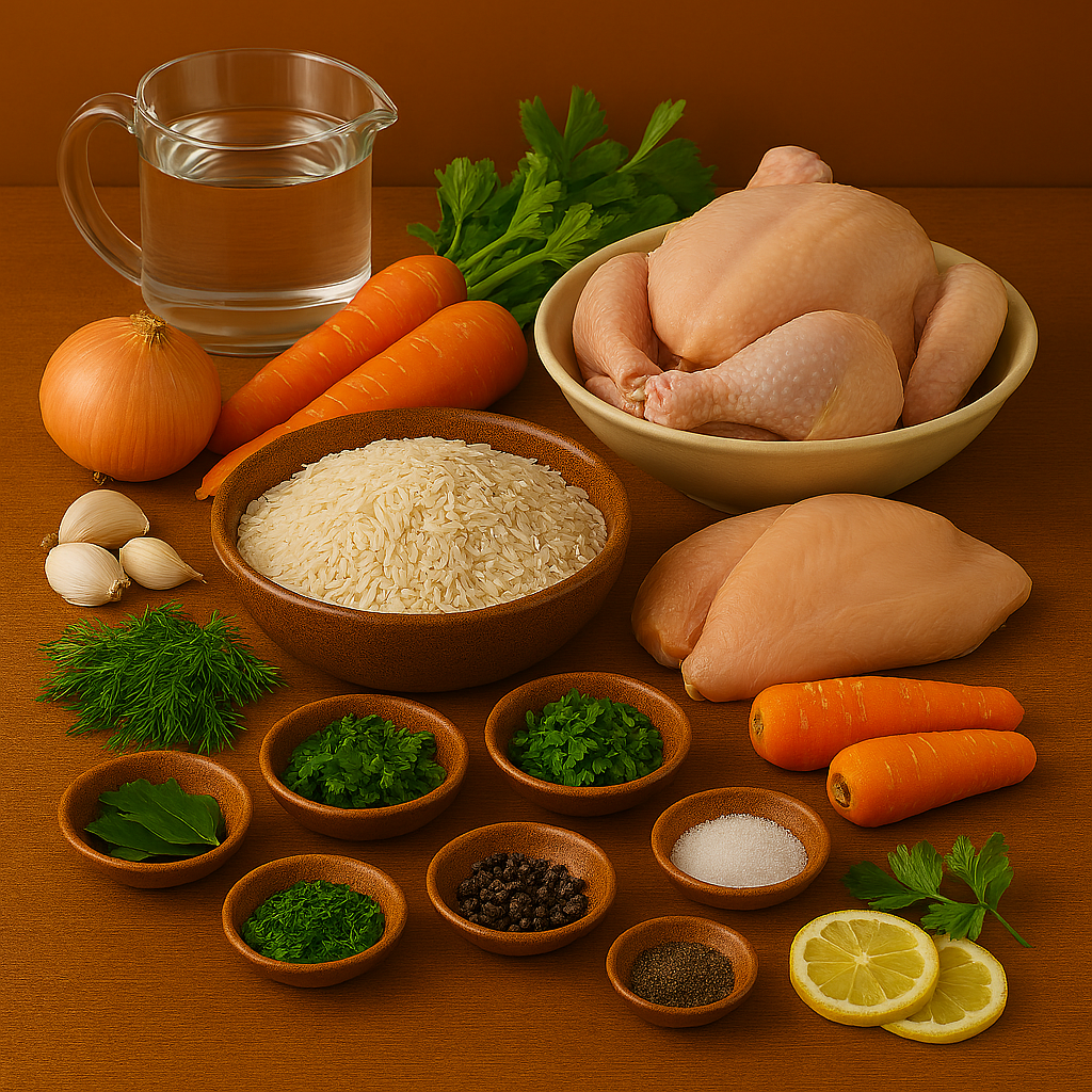 Ingredientes para sopa de arroz con pollo: pollo, arroz, zanahorias, apio, cebolla y hierbas